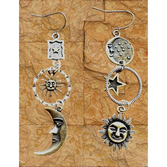 Celestial Star Moon Sun Earrings Dangle Hooks Astrology Eclectic Mismatched New - Picture 2 of 12